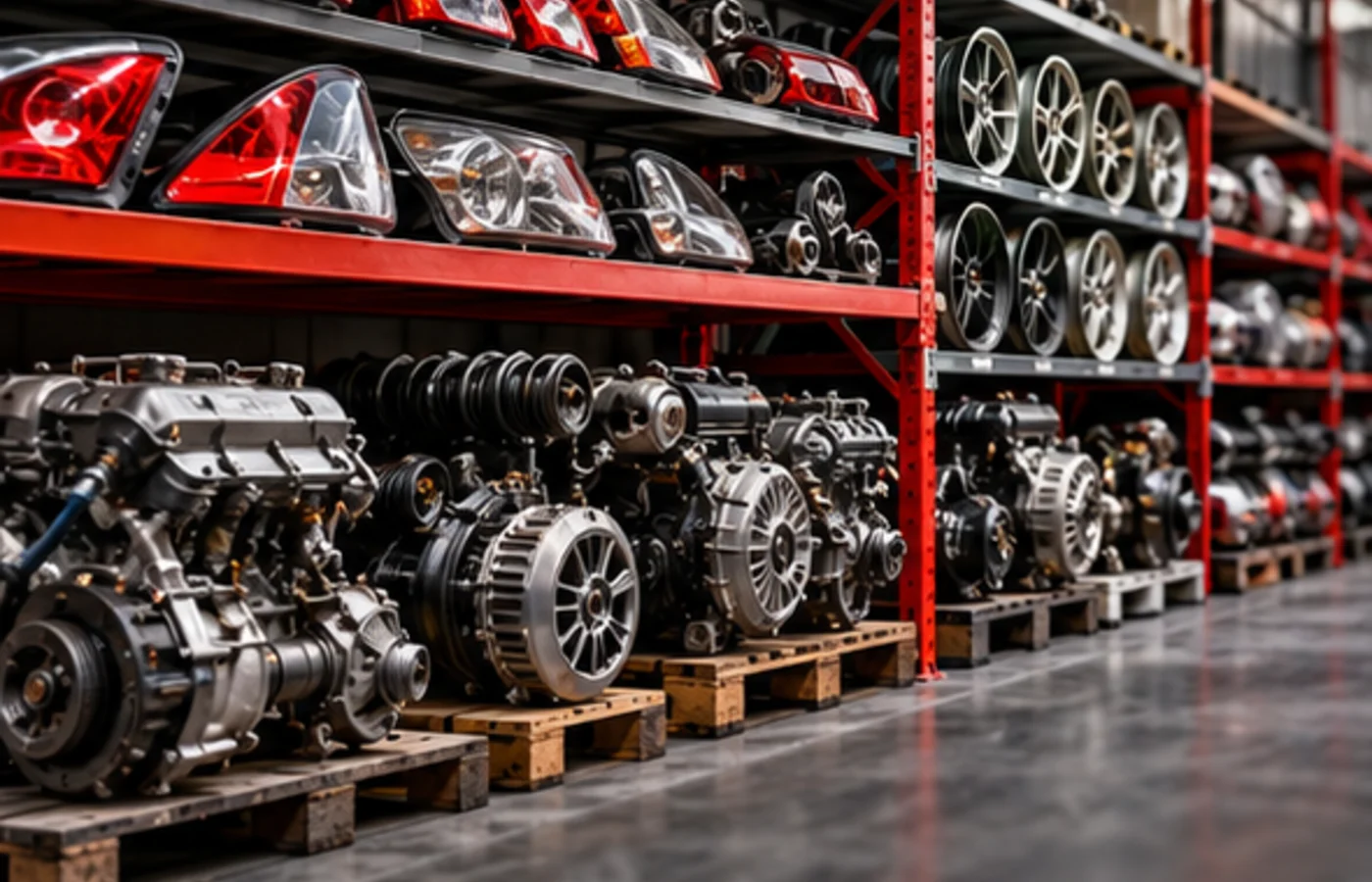 Shelves of quality used car parts at a vehicle dismantlers